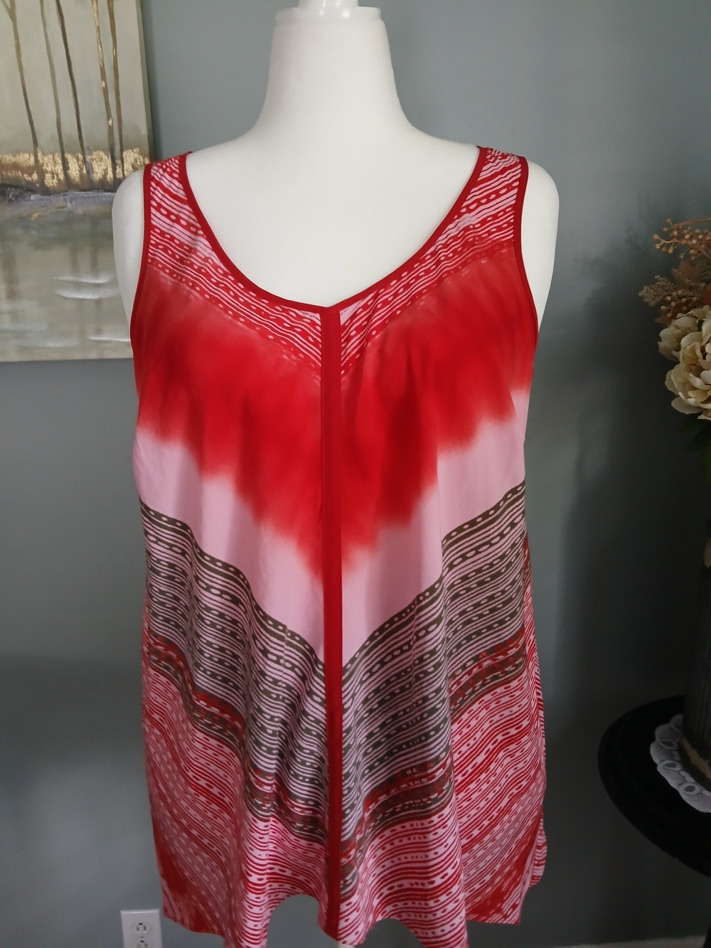 DKNY Red and Pink Patterned Tank Top